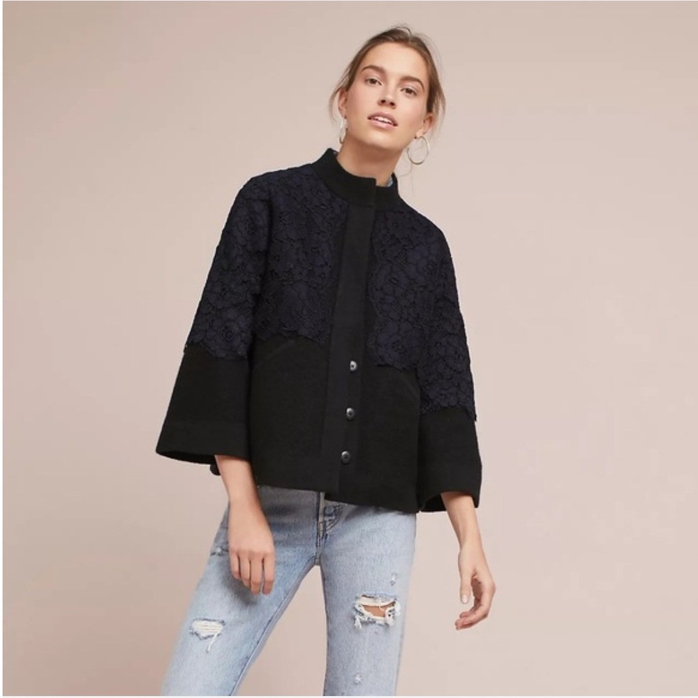 Field & Flower Anthropologie Wool Lace Overlay Cardigan Sweater Black Navy L